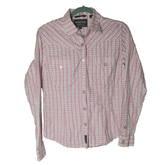 Panhandle Slim Tops - Panhandle Slim Rough Stock Medium Pearl Snap Rodeo Western Pink Plaid Shirt